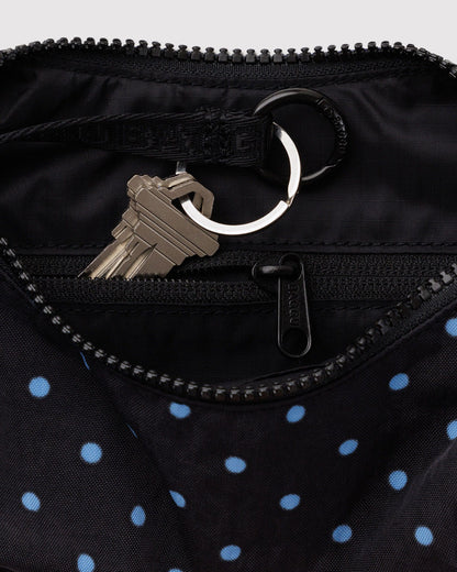 BAGGU Small Nylon Crescent Bag in Black and Sky Blue Micro Dot