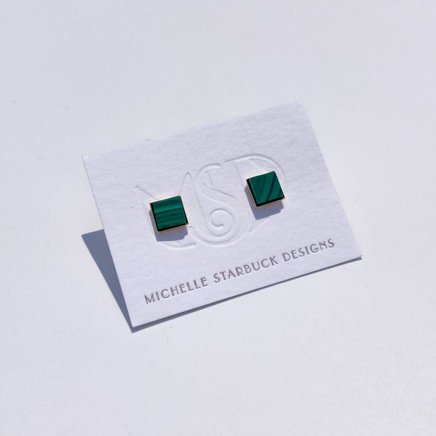 Square Studs in Green Malachite & Brass