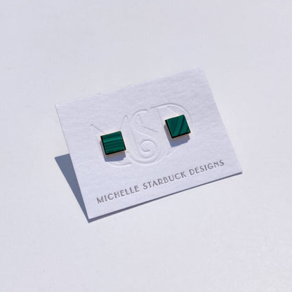 Square Studs in Green Malachite & Brass