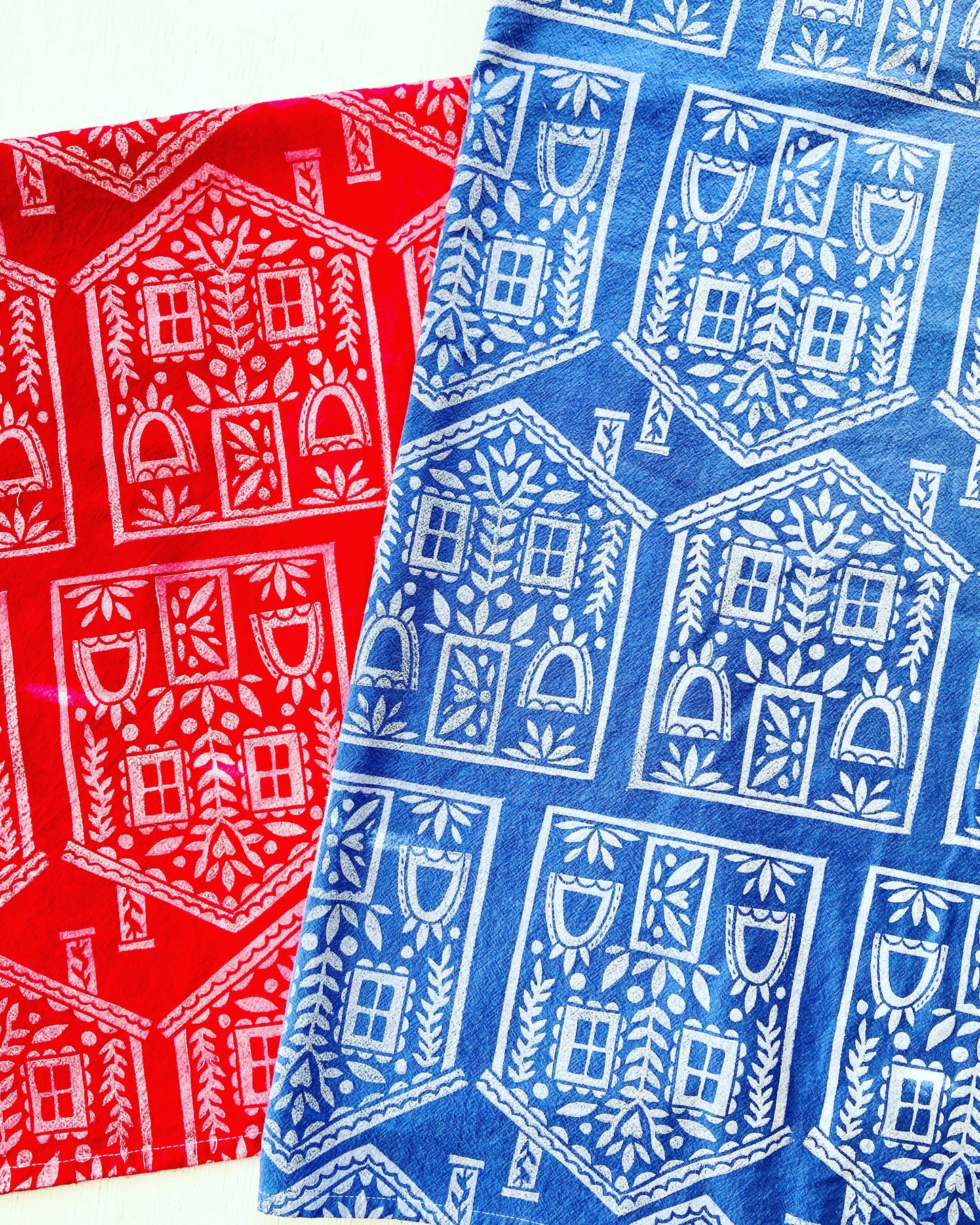 "Folk Houses" Hand Block Printed Tea Towel - Blue