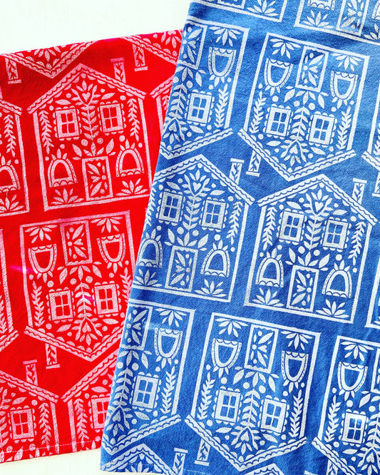 "Folk Houses" Hand Block Printed Tea Towel - Blue