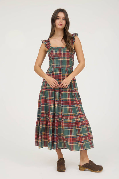Plaid Smocked Bodice Tiered Midi Dress -- 2 Colorways