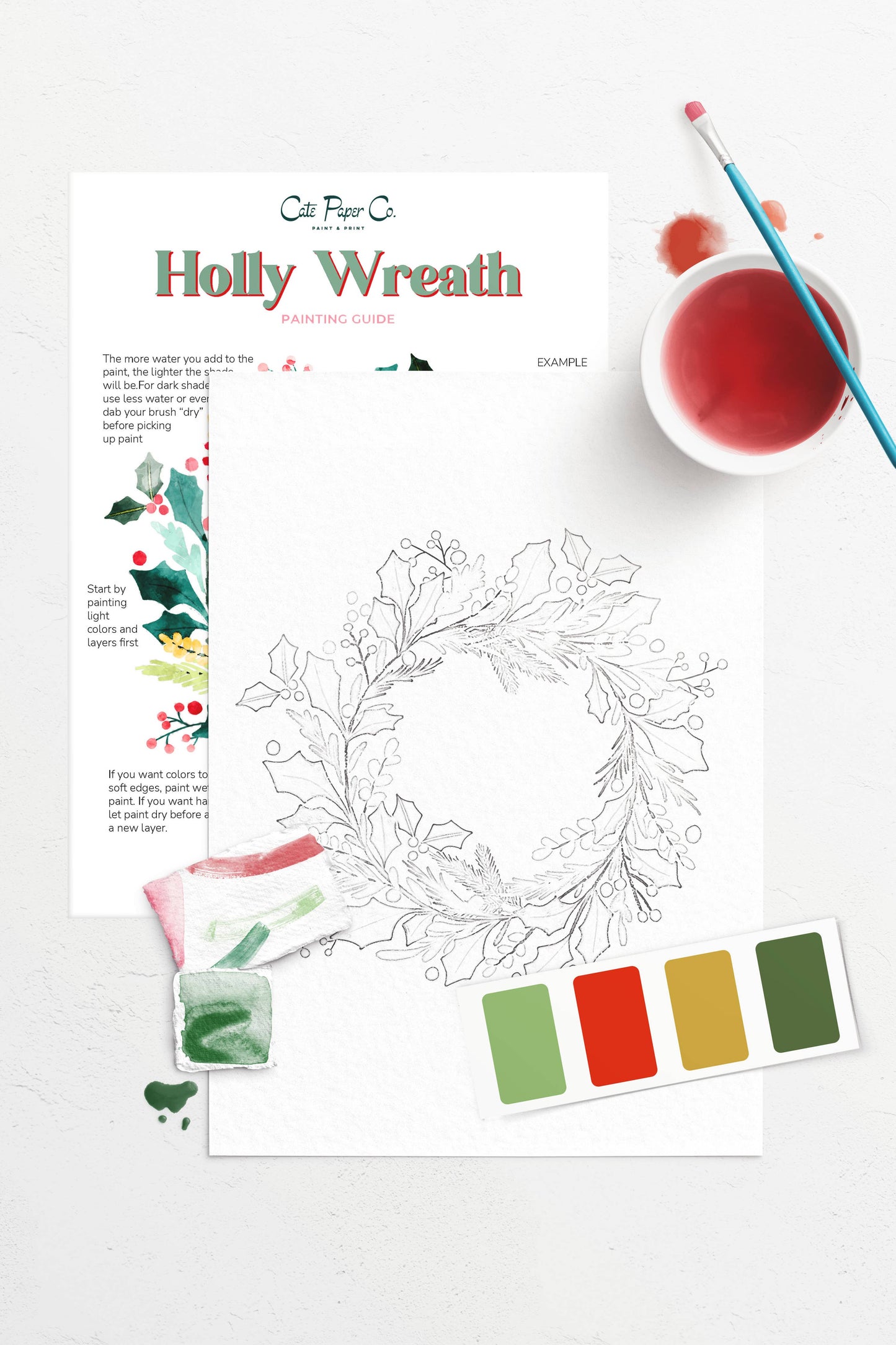 Holly Wreath Watercolor Painting Kit (Beginner-Friendly)