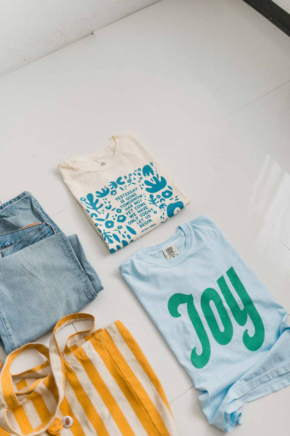 "Joy" Chambray and Seafoam Boxy Crop Tee