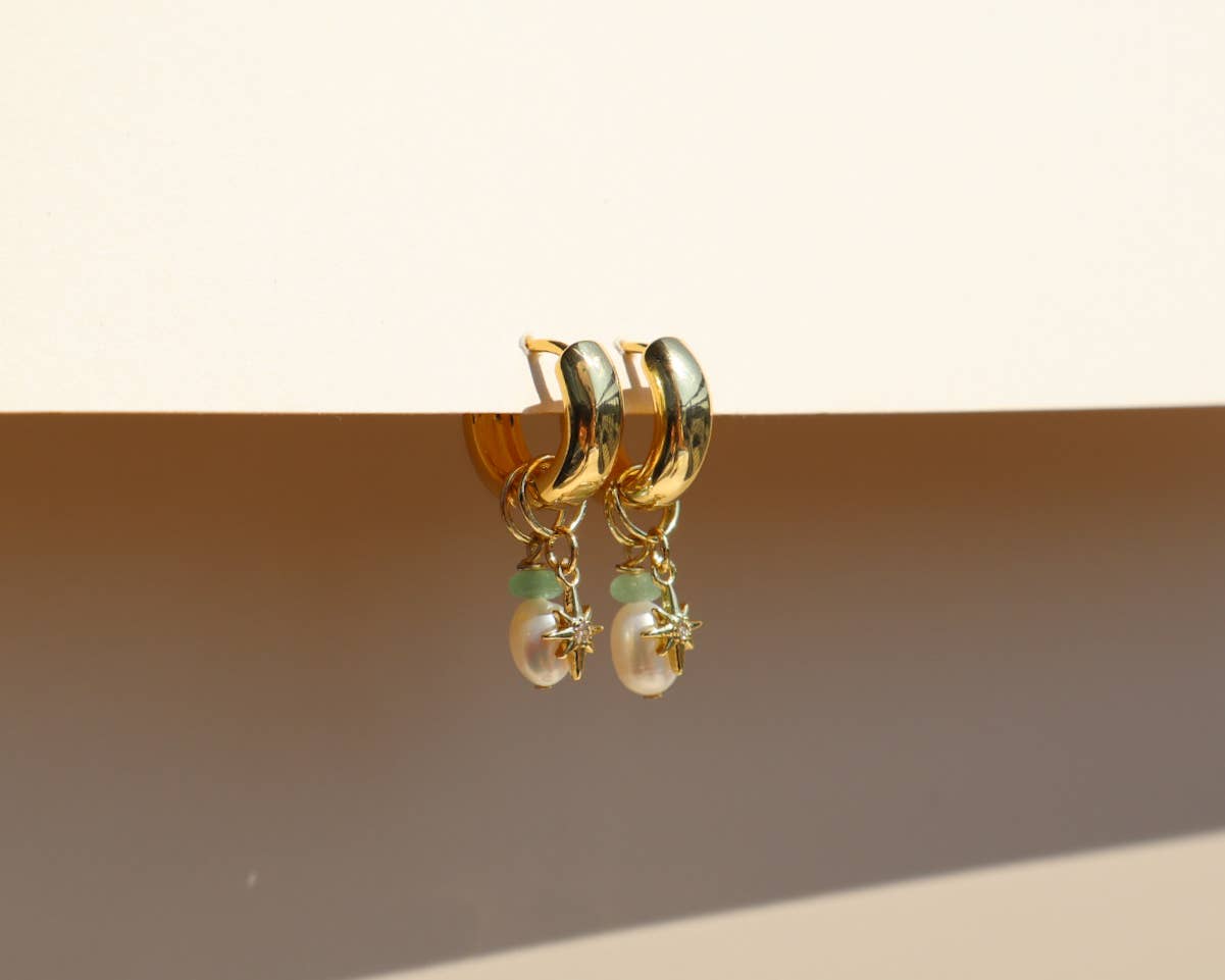 18k Gold Fill Charm Chunky Hoop Earrings - Green Aventurine and Pearl