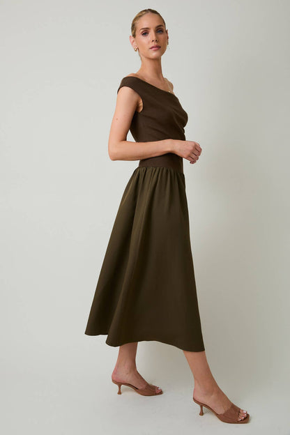 Twist Detail Boatneck Mixed Media Dress in Deep Olive