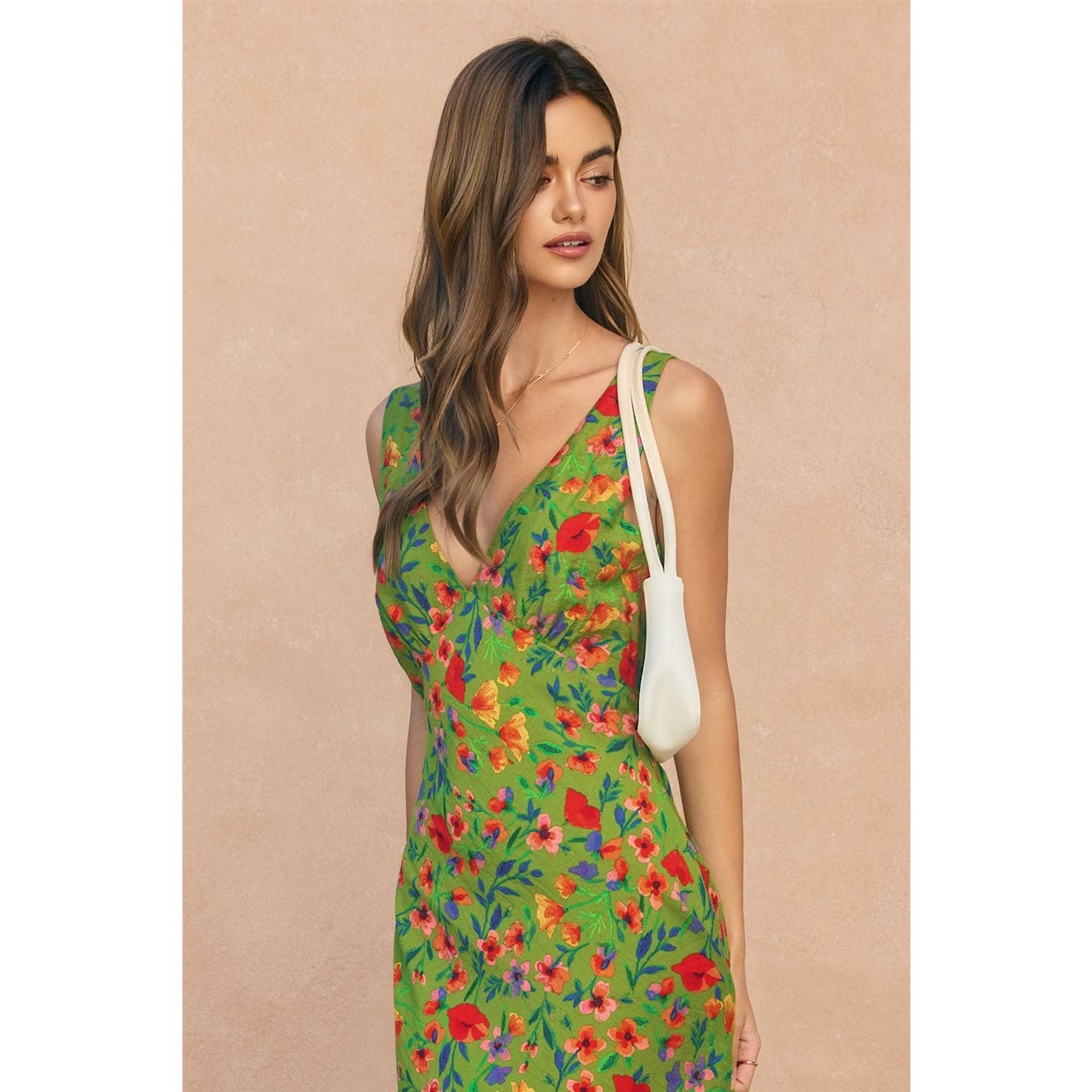 "Wildflower Rush" Grass Green Bias Cut Midi Dress