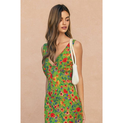 "Wildflower Rush" Grass Green Bias Cut Midi Dress