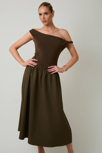 Twist Detail Boatneck Mixed Media Dress in Deep Olive
