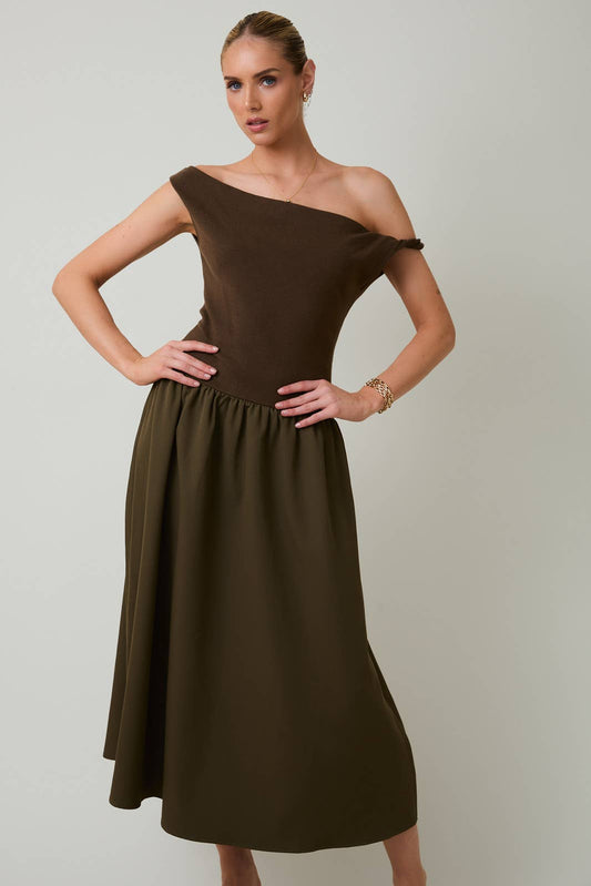 Twist Detail Boatneck Mixed Media Dress in Deep Olive