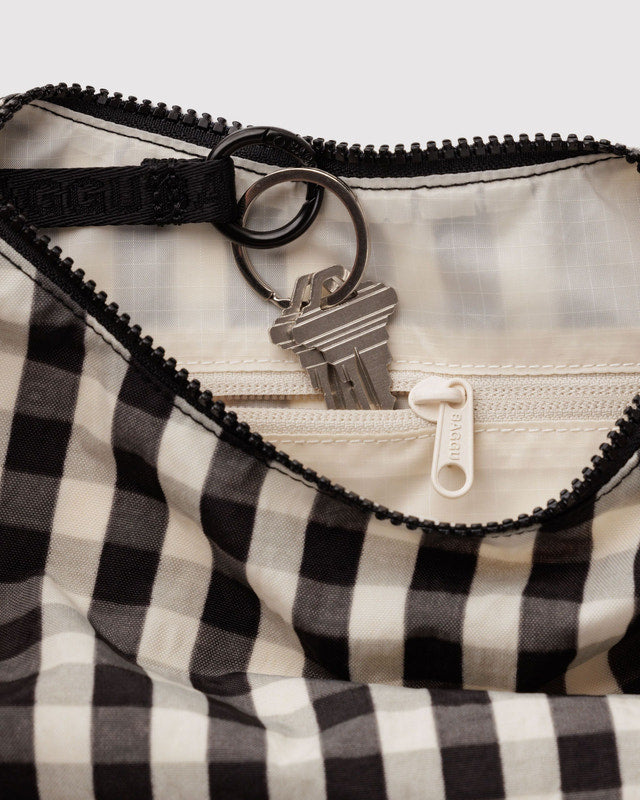 BAGGU Small Nylon Crescent Bag in Black and Cream Gingham
