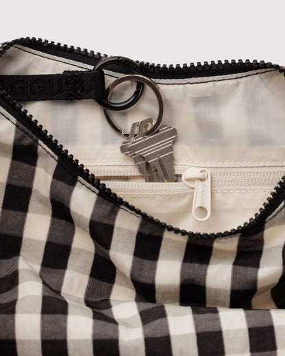 BAGGU Small Nylon Crescent Bag in Black and Cream Gingham