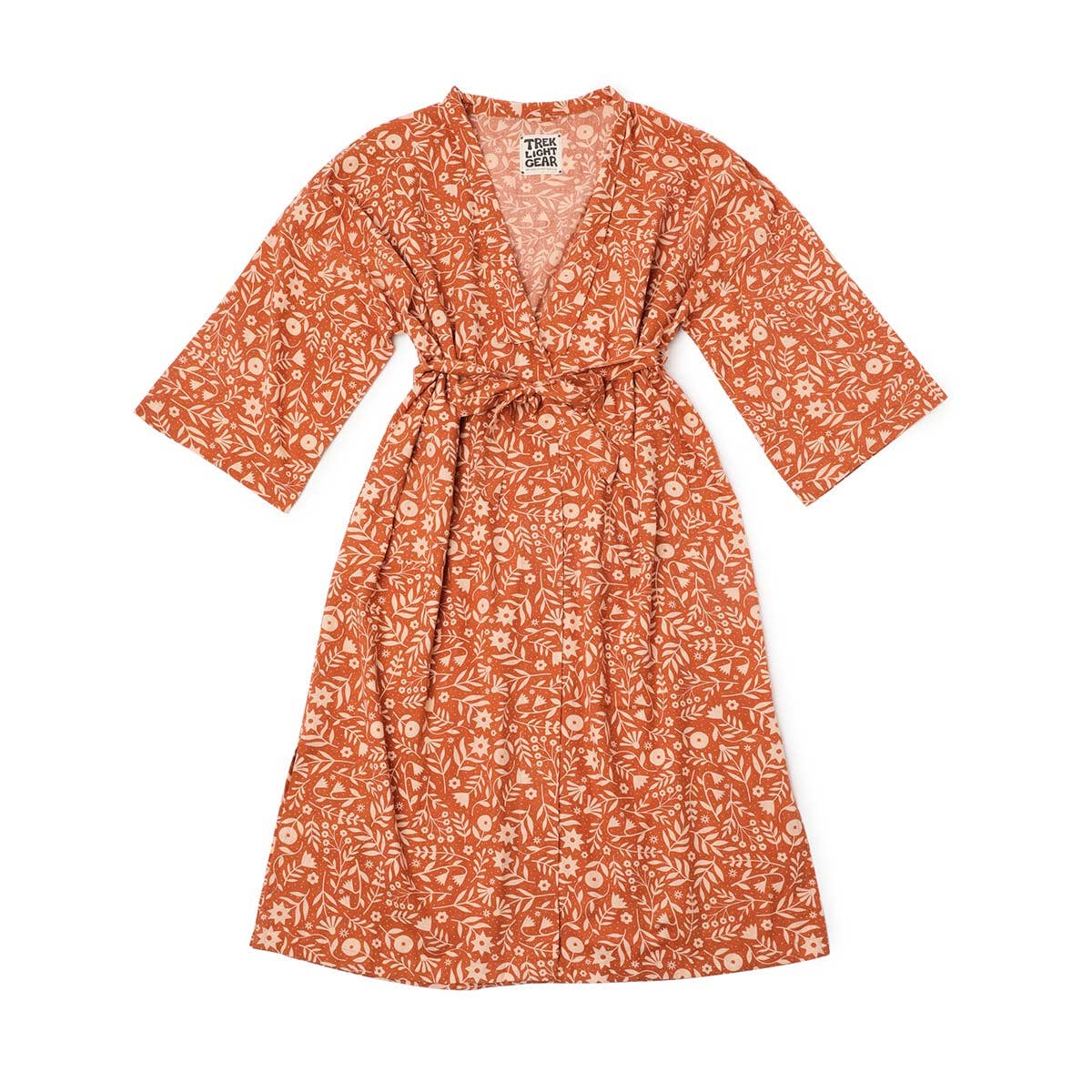 Handwoven Cotton Kimono-Style Robe -  Meadow Print on Rust